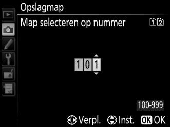 Opslagmap G-knop C opnamemenu Selecteer de map waarin de navolgende beelden worden opgeslagen. Mappen op mapnummer selecteren 1 Kies Map selecteren op nummer.