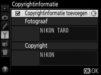 Copyrightinformatie G-knop B setup-menu Voeg copyrightinformatie toe aan nieuwe foto s op het moment dat ze worden genomen.