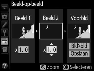 4 Pas versterking toe. Markeer Beeld 1 of Beeld 2 en optimaliseer de belichting voor beeld-op-beeld door op 1 of 3 te drukken en de versterkingsfactor uit waarden tussen 0,1 en 2,0 te selecteren.