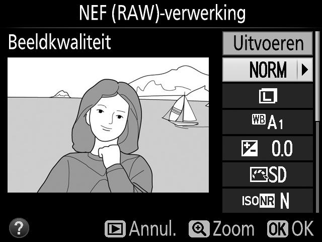 NEF (RAW)-verwerking G-knop N retoucheermenu JPEG-kopieën van NEF (RAW)-foto s maken. 1 Selecteer NEF (RAW)-verwerking.