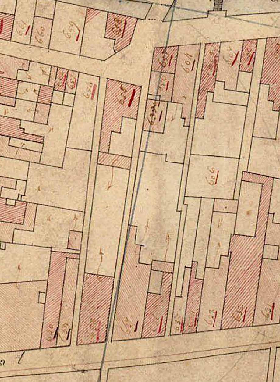 ò ò Afb. 1. De minuutkaart van Enkhuizen uit 1832. De rode pijl geeft de locatie aan van het huidige Westerstraat 74. Noord-Hollands Archief, Haarlem. Afb. 2.