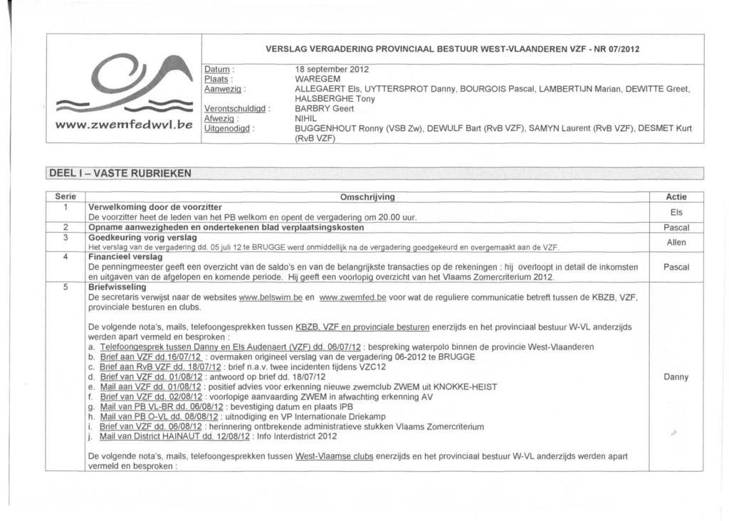 VERSLAG VERGADERING PROVINCIAAL BESTUUR WEST-VLAANDEREN VZF- NR 07/2012 www.zwemfedwvl.