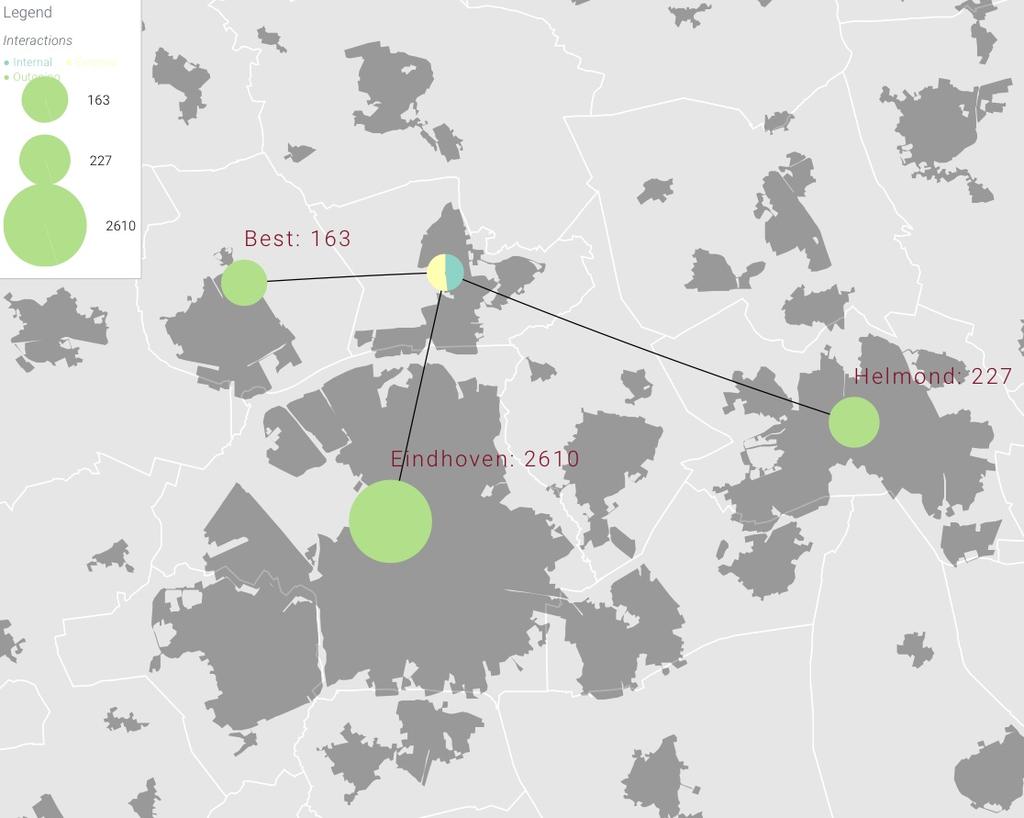 Kaart 3-2b. Uitgaande dagelijkse verplaatsingen vanuit Son en Breugel voor werk en zaken 150 verplaatsingen per dag.