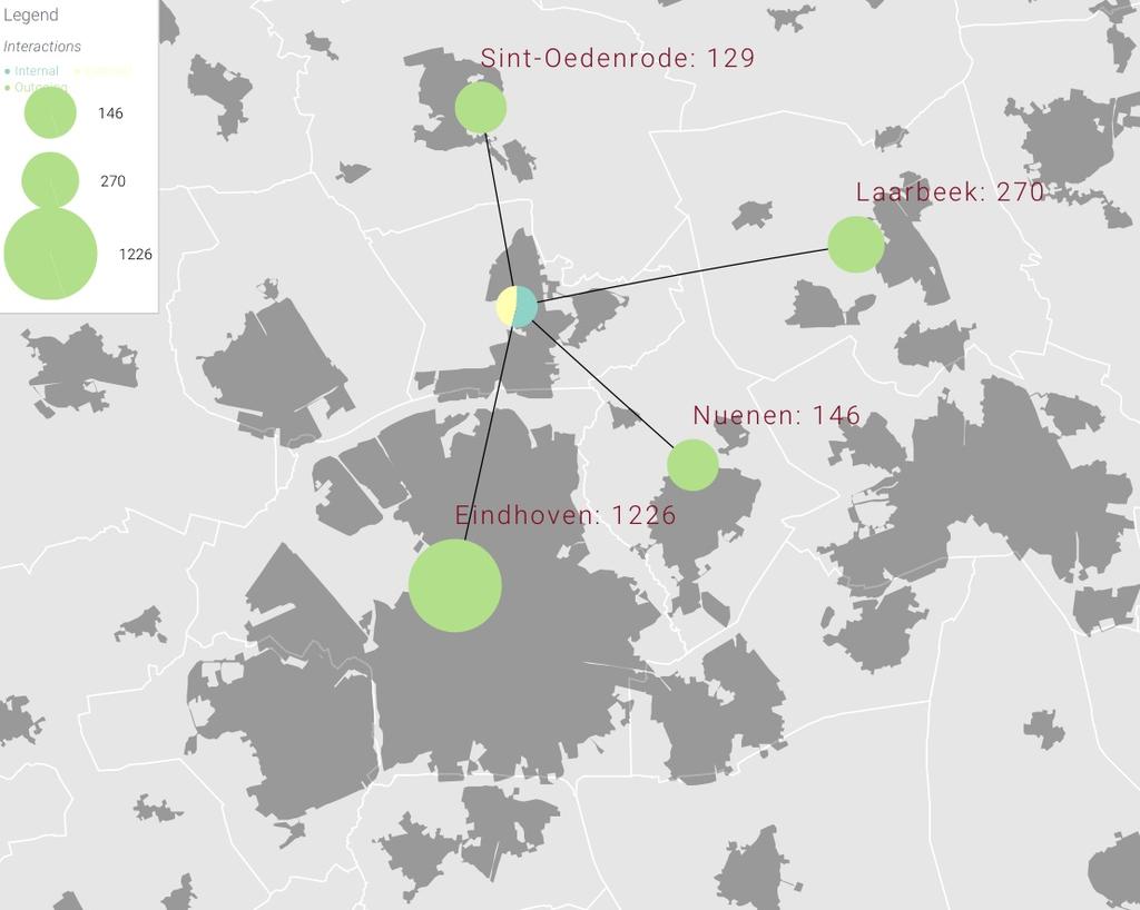 Kaart 3-6b. Uitgaande dagelijkse verplaatsingen vanuit Son en Breugel voor visite van familie en vrienden 125 verplaatsingen per dag.