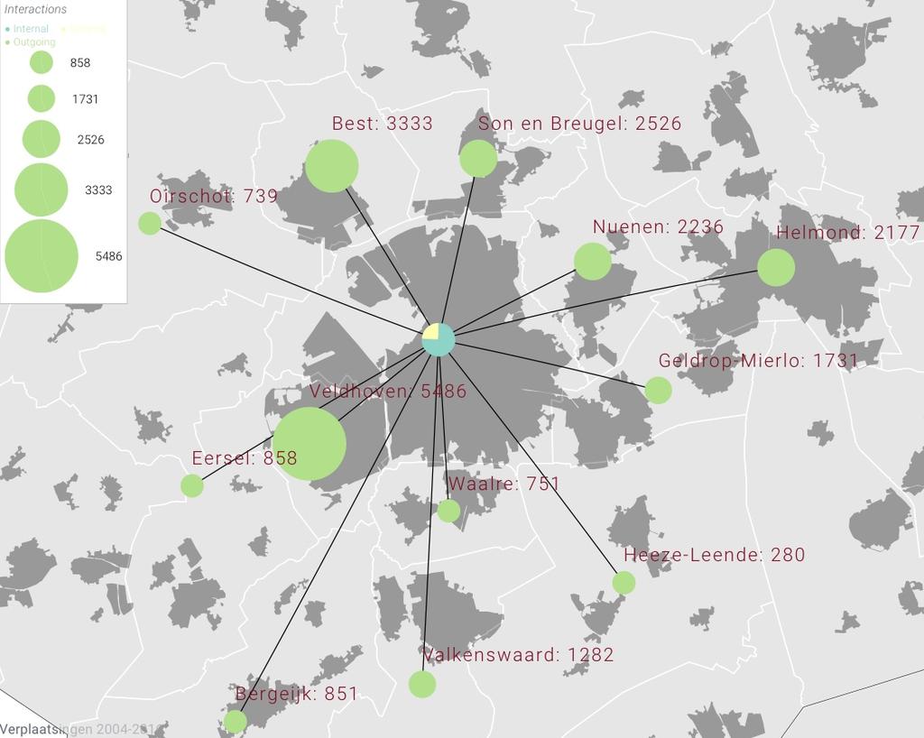 Kaart 4-2b. Uitgaande dagelijkse verplaatsingen vanuit Eindhoven voor werk en zaken, naar regiogemeenten 250 verplaatsingen per dag.