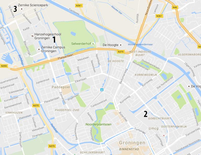 figuur 1. Stadsplattegrond van Groningen met vestigingsgebieden van de RUG.