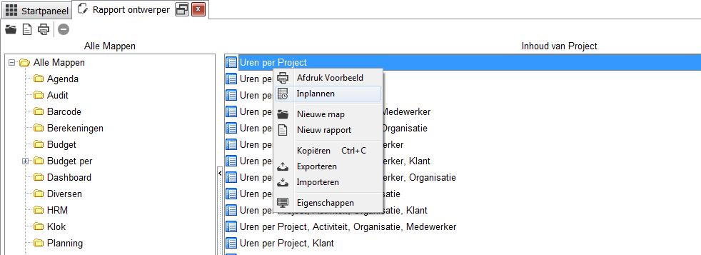 15.6. Inplannen rapport E-Mail module Een rapport kan in de Windows client worden ingepland door er rechts op te klikken en dan de optie inplannen te selecteren.