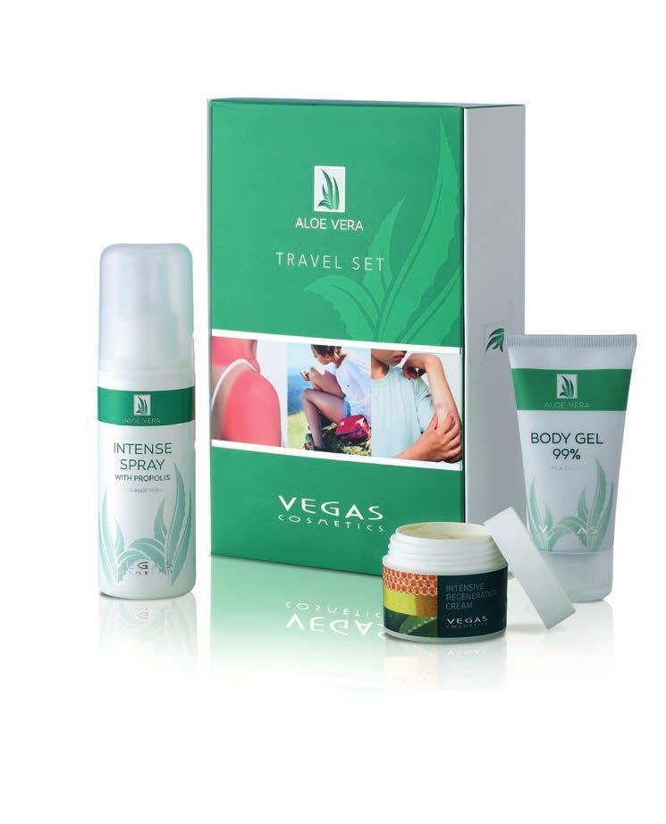 DERMATOLOGICALLY CONFIRMED 24 ALOË VERA EEN KONINGIN VAN WELDADIGE PLANTEN 02 TRAVEL SET Aloe Vera Aloë Vera Intensieve Spray 100ml Aloë Vera Regeneratiecrème 30ml Lichaamsgel met 99% Aloë Vera 50ml