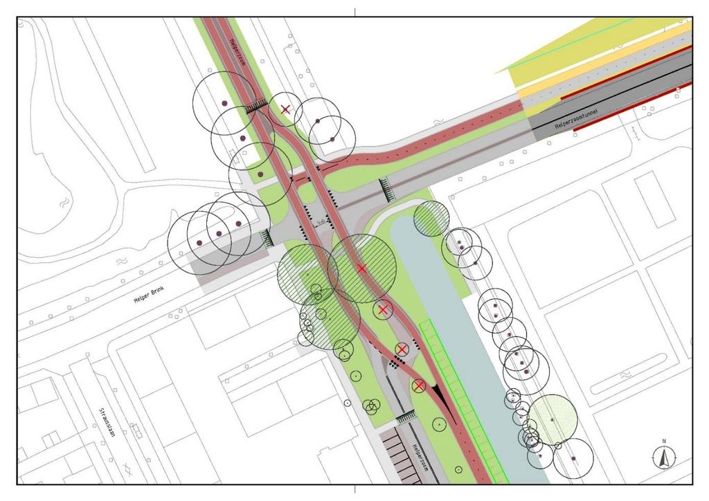 Variant 3 Figuur 14: variant 3. In deze variant is de kruising ingericht als een fietsstraat, waarbij autoverkeer en fietsers van dezelfde rijbaan gebruik maken.