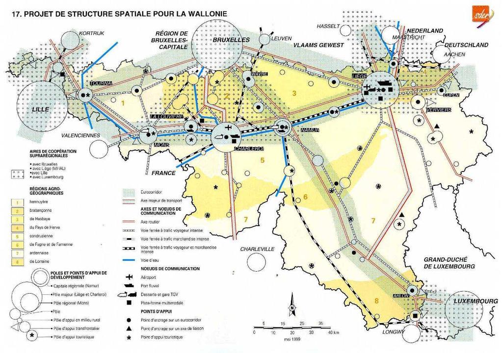 Figuur 12: ontwerp voor de ruimtelijke structuur van Wallonië (SDER) Drie basisprincipes - het Waals grondgebied is het gemeenschappelijk patrimonium van diens inwoners; - de duurzame ontwikkeling; -