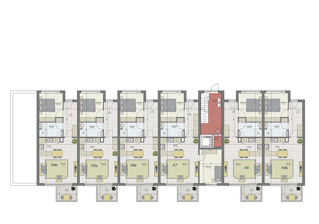 Verdieping 1 Elke flat heeft: een inkomhal met inbouwkasten (+aansluiting wasmachine & droogkast), een slaapkamer, een badkamer met inloopdouche, een keuken