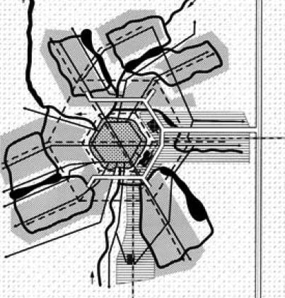 LOBBENSTADMODEL Het lobbenstadmodel is als stedenbouwkundig patroon ontwikkeld in de eerste helft van de twintigste eeuw als reactie op de concentrische groei van steden, die als verstikkend werd