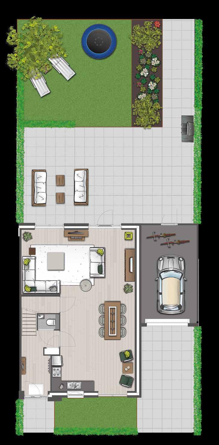 TWEE-ONDER- EEN-KAPWONING BEGANE GROND + TUIN 1:100 WOONOPP 178 M 2 GETEKEND 131, 133, 135, 137, 139, 141, 143, 145 GESPIEGELD 130, 132, 134, 136, 138, 140, 142, 144 met risaliet voorgevel: 130, 131,