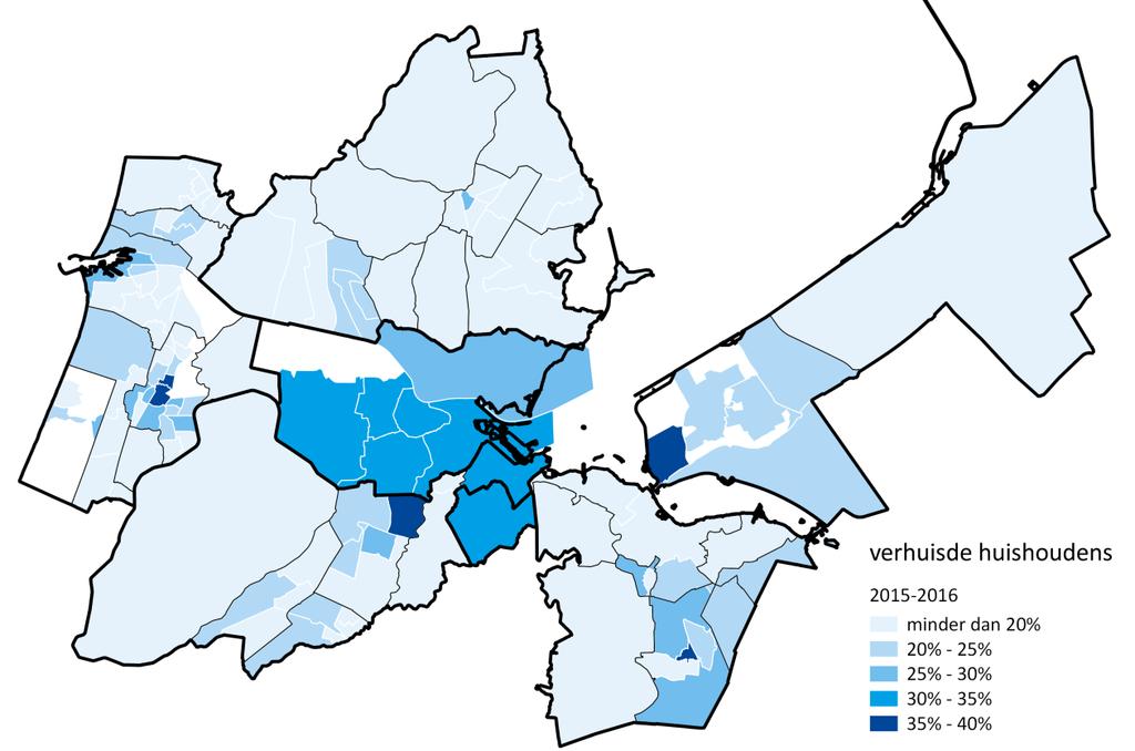 De meeste verhuizingen vinden in Amsterdam plaats, maar ook in andere centrumdelen van de MRA wordt relatief veel verhuisd (zie figuur.2).