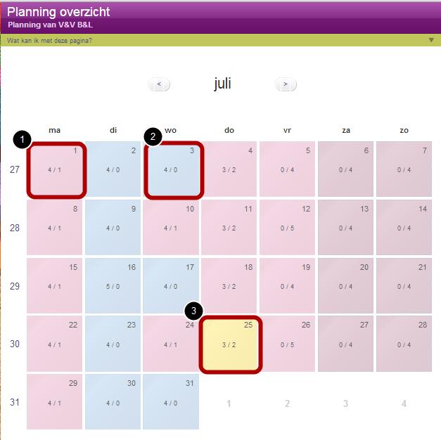 Planning: Rode en blauwe vlakken op de planning Door een team te selecteren en daarna op "Planning" te klikken, wordt een kalender zichtbaar met verschillende kleuren en getallen.