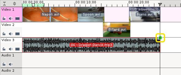 1.3.2 Muziek Audio fadeout Omdat de clips nog geen geluid hebben, laten we op zoek gaan naar wat leuke muziek, uit de eigen verzameling of op web pagina s zoals Jamendo.