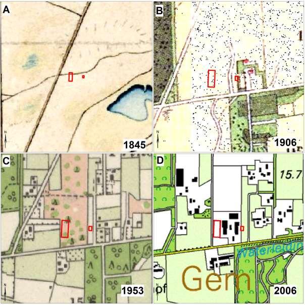 Archeologische onderzoek Prinsenweg 55, Nijkerk ArcheoPro Rapport, 13067, Pagina 18 Figuur 11 toont achtereenvolgens topografische kaarten van het onderzoeksgebied uit 1845, 1906, 1953 en 2006.