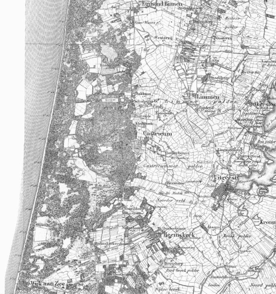 Noord-Kennemerland Provincie Noord-Holland Detail uitsnede historische kaart 80 (Topotijdreis) Detail uitsnede hoogtekaart (Actueel Hoogtebestand Nederland) ONTSTAANSGESCHIEDENIS Noord-Kennemerland