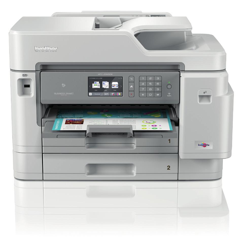Draadloze A3 kleureninkjetprinter De betrouwbare MFC-J5945DW is speciaal ontworpen voor drukke kantoren en heeft de mogelijkheid voor printen tot volledig A3-formaat en scannen, kopiëren en faxen op