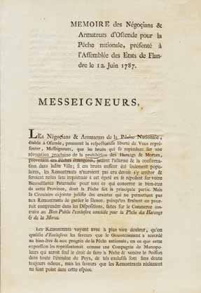 Fig. 3 Voorblad van de zeven bladzijden tellende memorie van toelichting waarin de Oostendse reders Ricour, Wieland en De Bal pleiten voor het behoud van het invoerverbod van buitenlandse vis