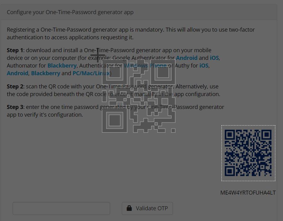 Registratieprocedure voor One-Time Password via Google webbrowser Optie 1 i. Kies voor de optie Scan QR Code ii. Selecteer de QR Code (i.e. streepjescode) door een rechthoek te trekken rond de QR code iii.