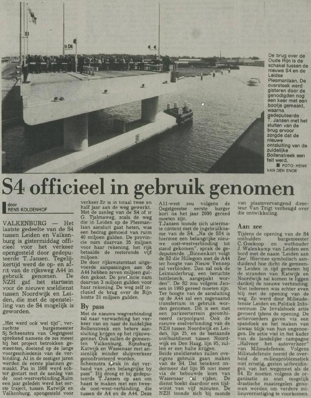 Figuur 29: Artikel in het Leidsch Dagblad betreffende de opening van de S4 tussen de aansluiting met de snelweg A44 en de Voorschoterweg. Bron: R.