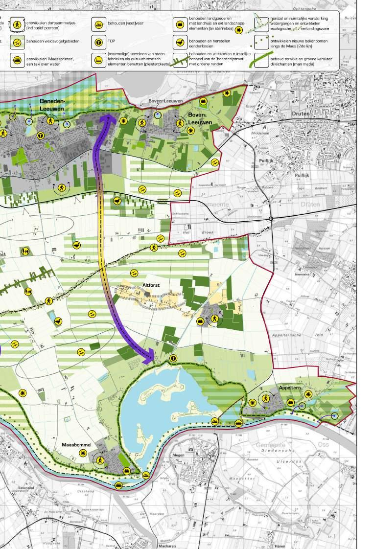 De basisvisie voor de gehele gemeente West Maas en Waal vanuit het LOP Het uitgangspunt bij de visie is dat het onderscheid tussen kom, oeverwal en uiterwaard behouden moet blijven en waar mogelijk