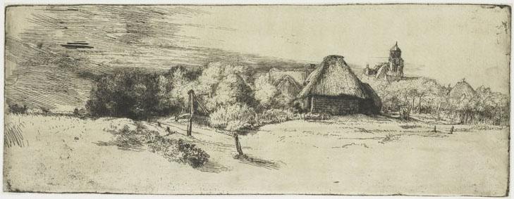 Compositie 4a slide 4 4b 4a Rembrandt, Boerderijen en toren tussen bomen, ca. 1651, ets en droge naald, staat I (4), Rijksmuseum 4b Rembrandt, Boerderijen en toren tussen bomen, ca.