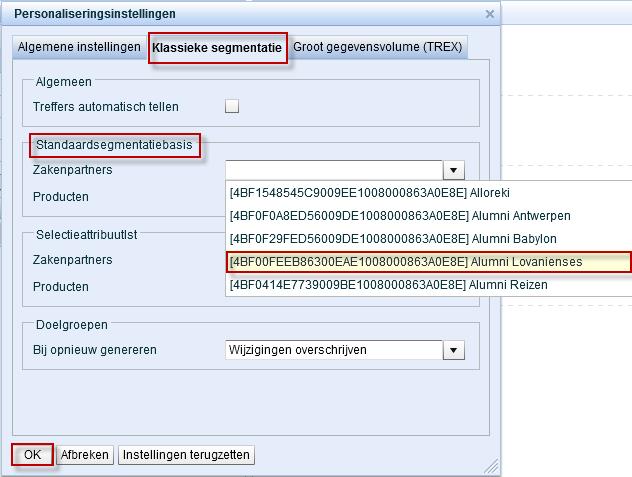 (Merk op dat ook wanneer de standaard segmentatiebasis is ingesteld je nog steeds een andere segmentatiebasis kan selecteren wanneer je een nieuw segmentatiemodel aanmaakt!). Klik Ok om te bevestigen.