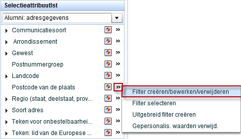 Klik op de dubbele pijl rechts naast het attribuut en klik vervolgens op Filter creëren/bewerken/verwijderen In het volgende scherm kan je verschillende filters toevoegen, bewerken of verwijderen.