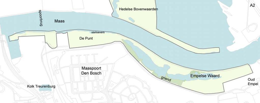 1.1 GEBIEDSBESCHRIJVING De Empelse Waard ligt langs de Getijdenmaas ter hoogte van s-hertogenbosch, tussen de spoorbrug en de brug van de A2 (figuur 1).