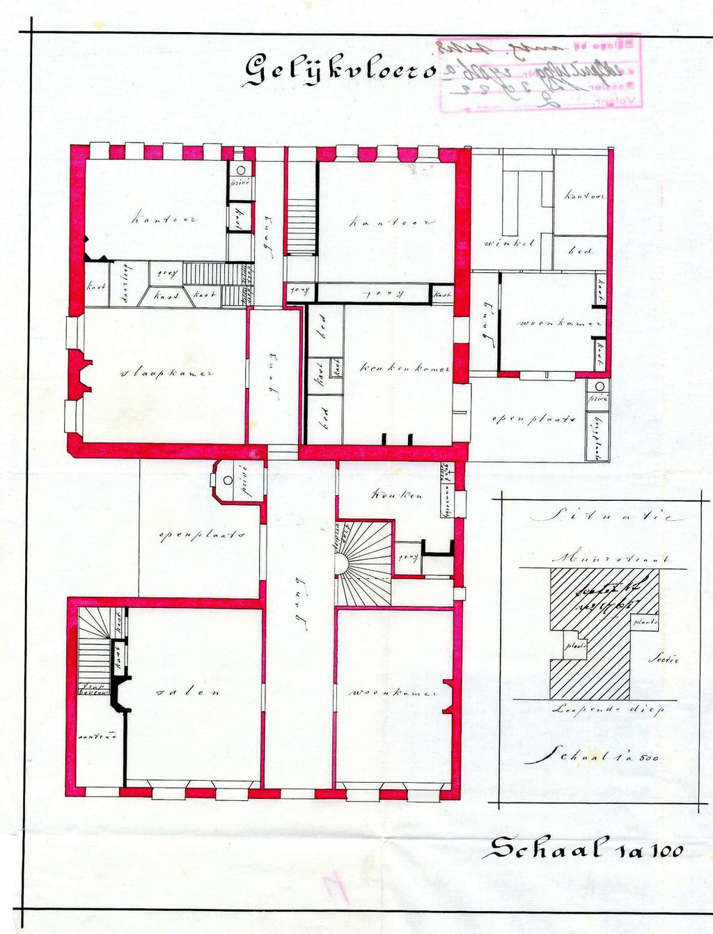 Plattegrond van Lopende Diep 6 (voor), Muurstraat 1 (links achter) en Muurstraat 3 (rechts achter) uit 1899. In rood wordt de bestaande situatie aangegeven en in zwart de geplande wijzigingen.