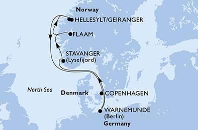 Programma DAG HAVEN AANKOMST VERTREK 1 Warnemünde, Duitsland --- 19:00 2 3 Op Zee Stavanger, Noorwegen ** --- 07:00 --- 16:00 4 Flaam, Noorwegen 07:00 17:00 5 Hellesylt/Geiranger, Noorwegen 08:00