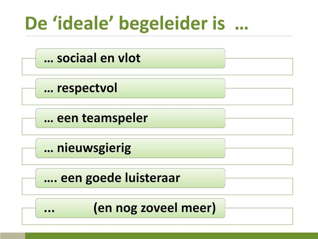 sociaal en vlot : gaat wat over persoonlijkheid en basisvaardigheden respectvol : iedereen is evenwaardig, evenwaardigheidsgevoel een teamspeler : persoon kan in team werken (en dus ook feedback