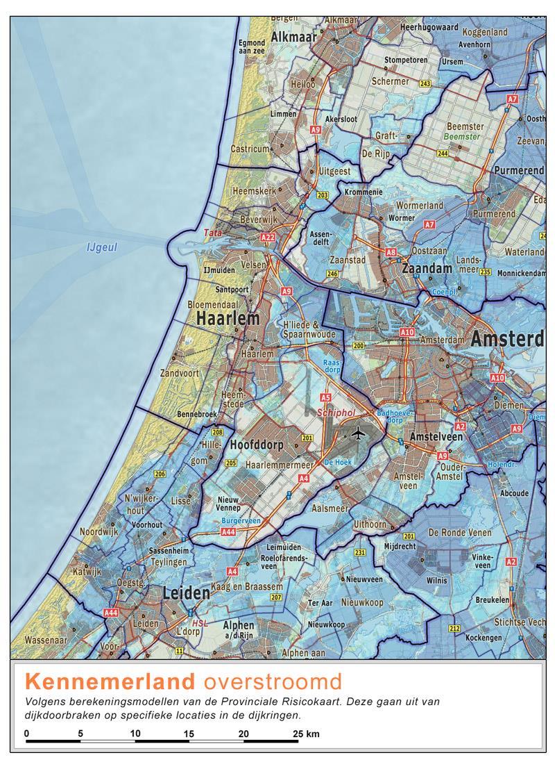 Figuur 2. Overstromingsgebieden en overstromingsdiepten in de regio bij doorbraak van een regionale waterkering.