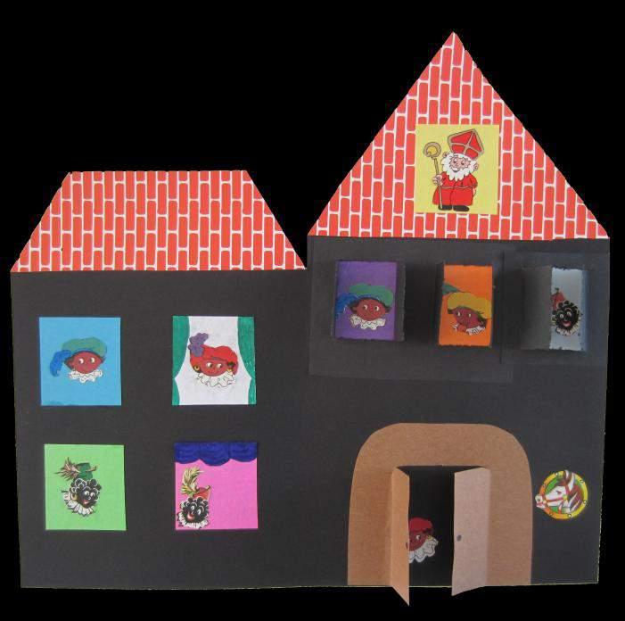 4. Pietenhuis Knip uit zwart karton de vorm van een huis. Maak meerdere huizen als er veel kinderen zijn. Op dit huis komen gekleurde ramen met Zwarte Pieten.