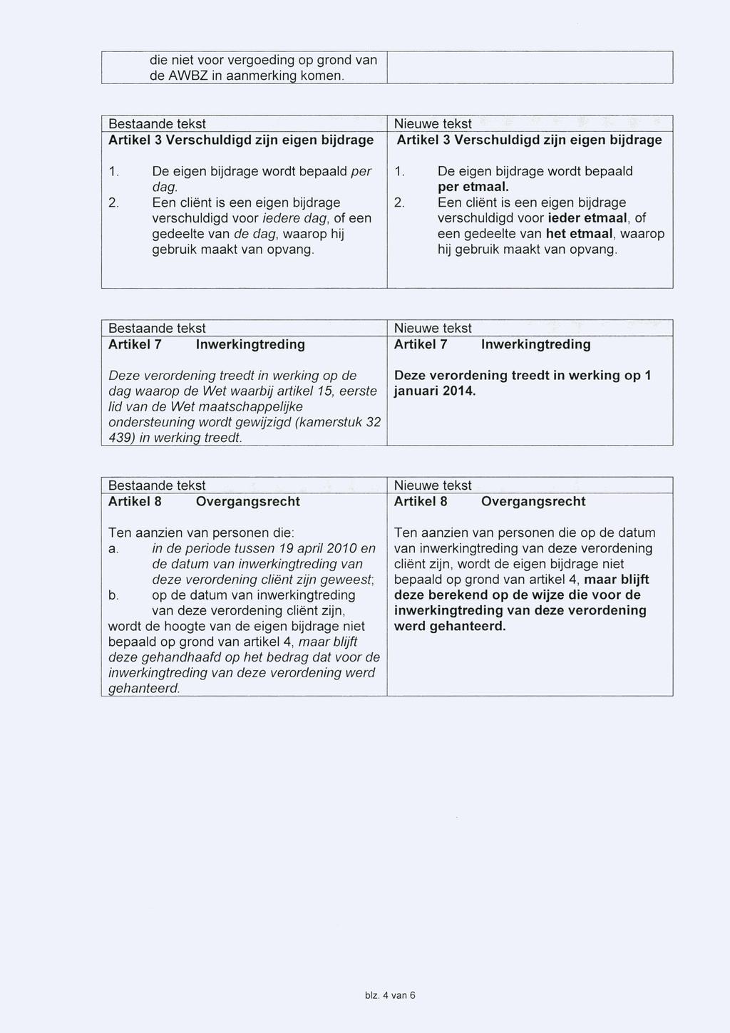 die niet voor vergoeding op grond van de AWBZ in aanmerking komen. Artikel 3 Verschuldigd zijn eigen bijdrage 1. De eigen bijdrage wordt bepaald per dag. 2.