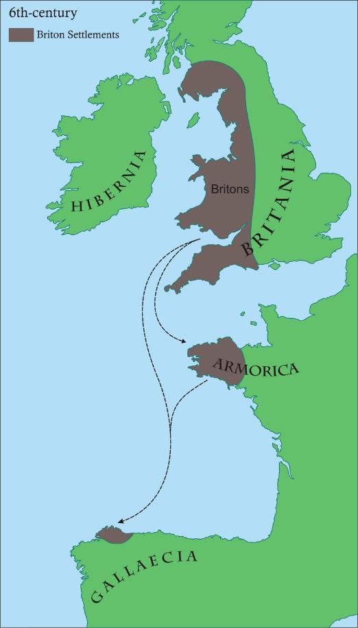 Tijdens de 6 e eeuw staken grote aantallen Britten (Keltische stam) uit Wales en Cornwall het kanaal over om zich te vestigen in Armorica, Klein-Brittannië of Bretagne genoemd.