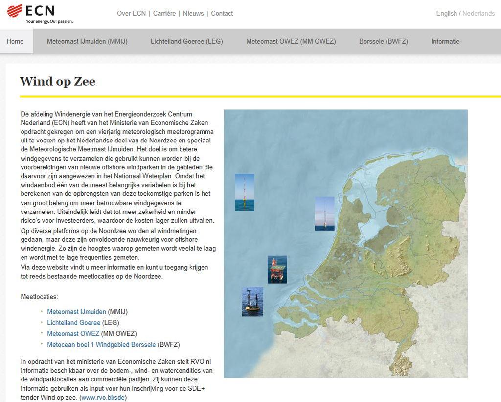 Programmalijn 6. Faciliteiten en Experimenten www.windopzee.net ECN bedrijft verschillende offshore windmeetstations.