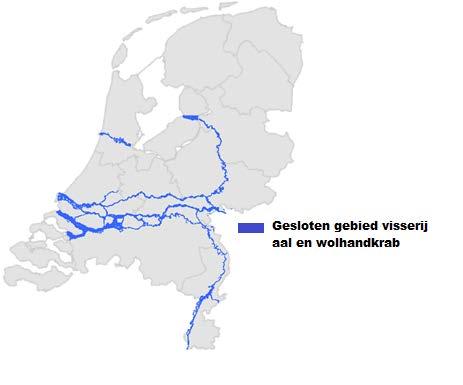 Figuur 4.4 Overzicht van de gesloten gebieden voor vissen op aal en wolhandkrab (dioxinegebieden) situatie vanaf januari 2015 (Bron: Sportvisserij Nederland 4 ).