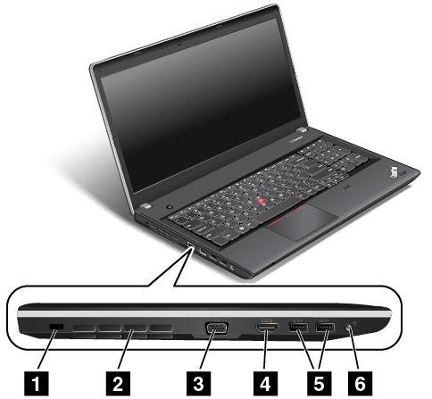 Linkerkant van de ThinkPad Edge E531 Figuur 5. Linkerkant van de ThinkPad Edge E531 1 Uitsparing voor kabelslot 4 HDMI-poort 2 Ventilatieopeningen (links) 5 USB 3.