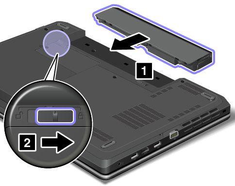 4. Plaats een nieuwe batterij in de computer totdat deze op zijn plaats vastklikt 1 en plaats de batterijvergrendeling in de vergrendelde positie 2. 5. Draai de computer weer om.