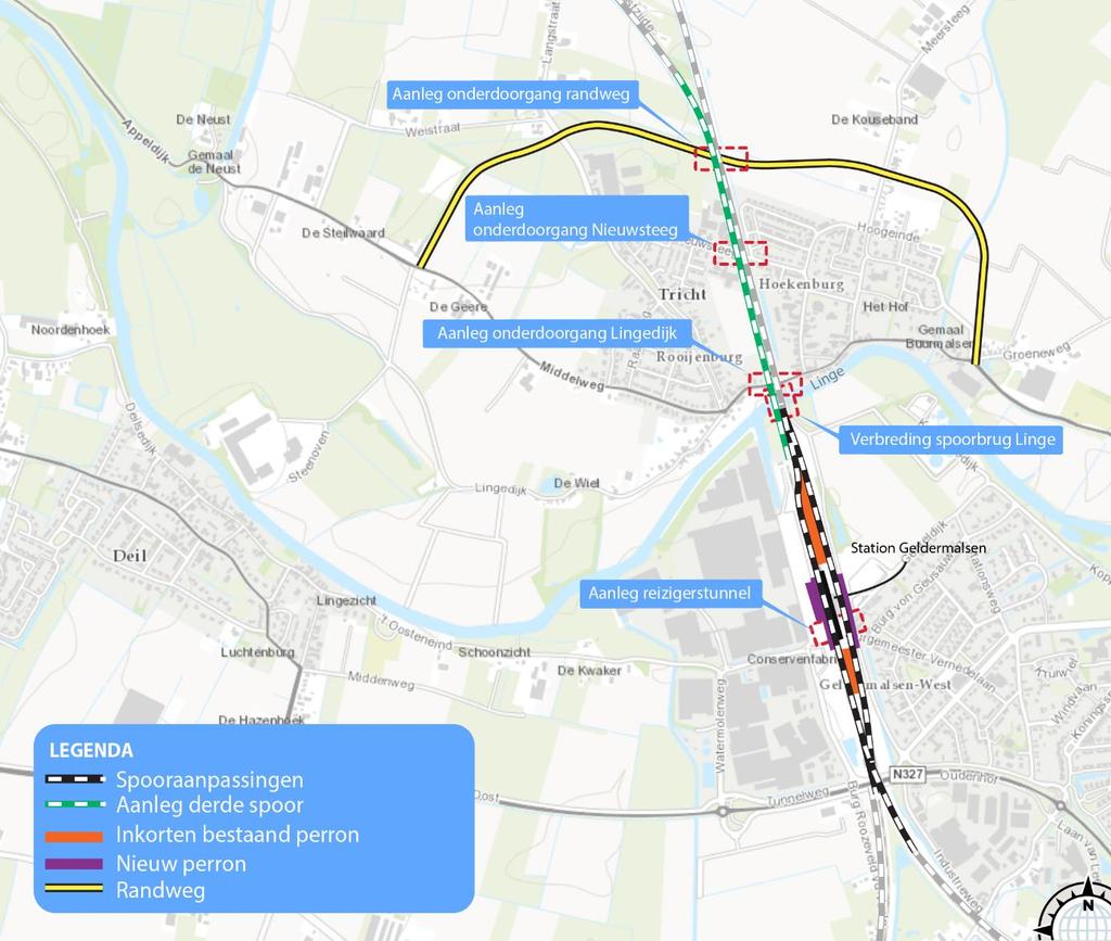 Figuur 2-1. Voorziene maatregelen project Spooromgeving Geldermalsen (Bron Sweco 2016) Er vindt een herinrichting van het emplacement plaats.