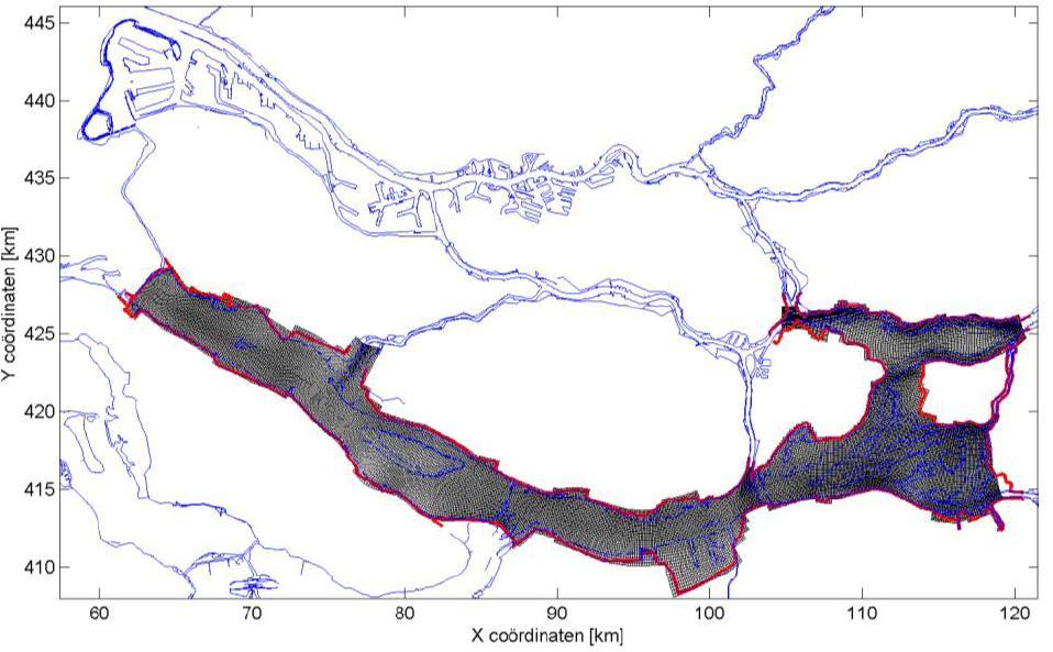 4.3.4 Rekenrooster Alkyon heeft in 2005 al een verkennende studie uitgevoerd over de meerwaarde van SWAN voor het Benedenrivierengebied [Alkyon, 2005]. Hierin is een kromlijnig SWAN model opgezet.