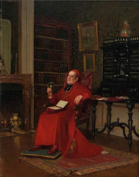 Certificat manuscrit difficilement lisible de 1880 au revers. 47 x 36 ( 800-1000) 23* VICTOR MARAIS MILTON (1872-1944) Kardinaal, miniatuur bewonderend. Board. Getekend en gedateerd 'V.Marais-Milton'.