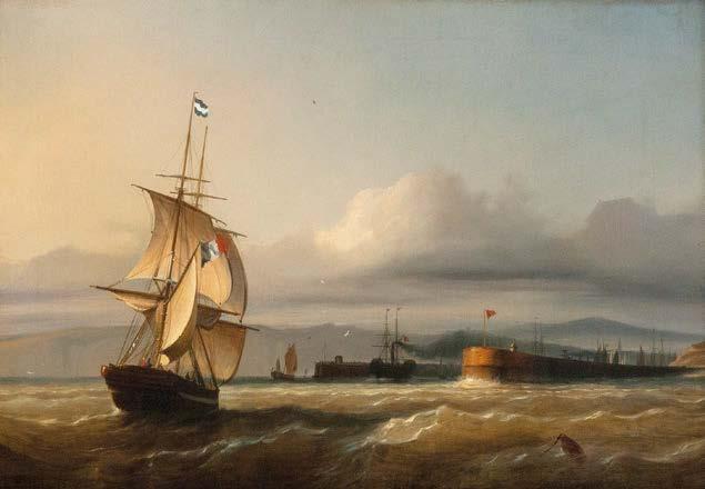 79* PAUL JEAN CLAYS (1819-1900) toe te schrijven aan/à attribuer à Marine met Frans zeilschip voor havengeul. Doek. Getekend en gedateerd 'P J Claijs 1883'. Restauraties en verdoeking.