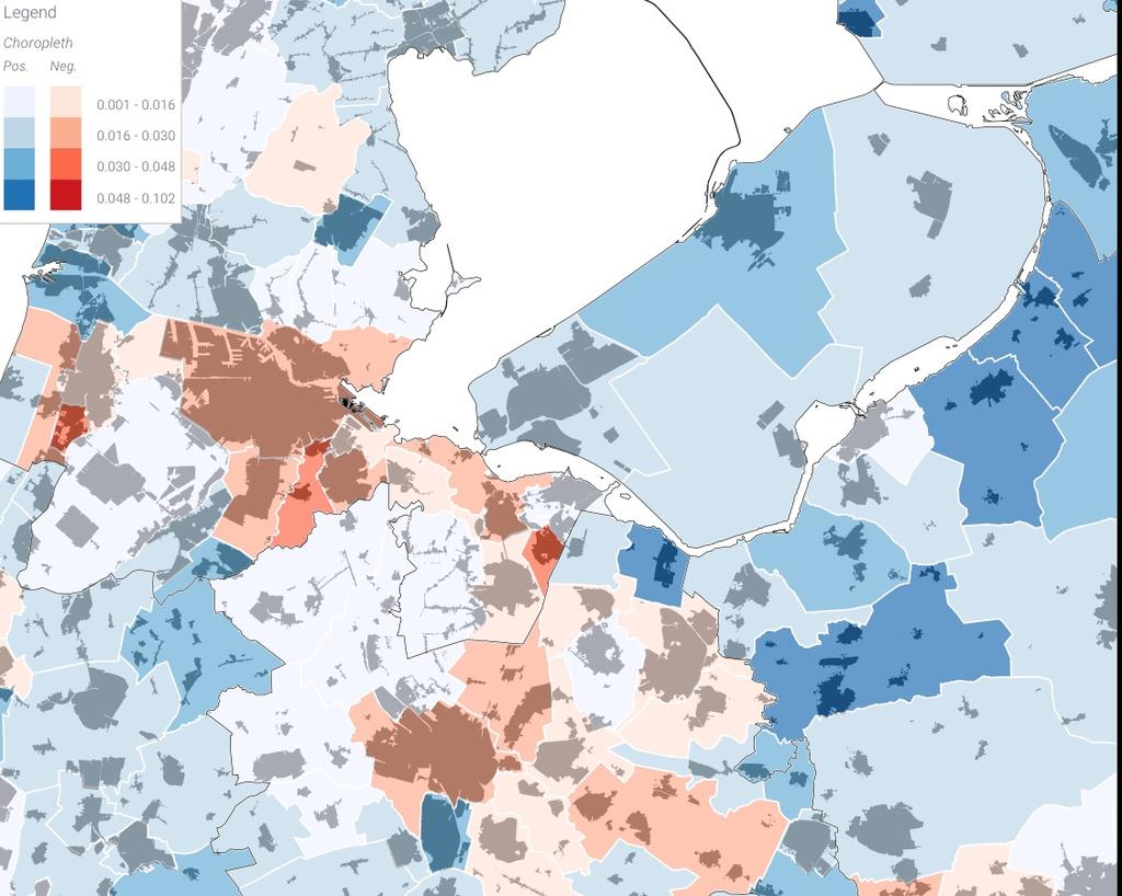 en 2015 % aandeel 2015 verschil tussen % aandeel 2007 en 2015 blauw = toename aandeel, rood = afname aandeel Bovenstaande kaarten tonen een uitsorteringsproces in de wijde regio rond Lelystad.