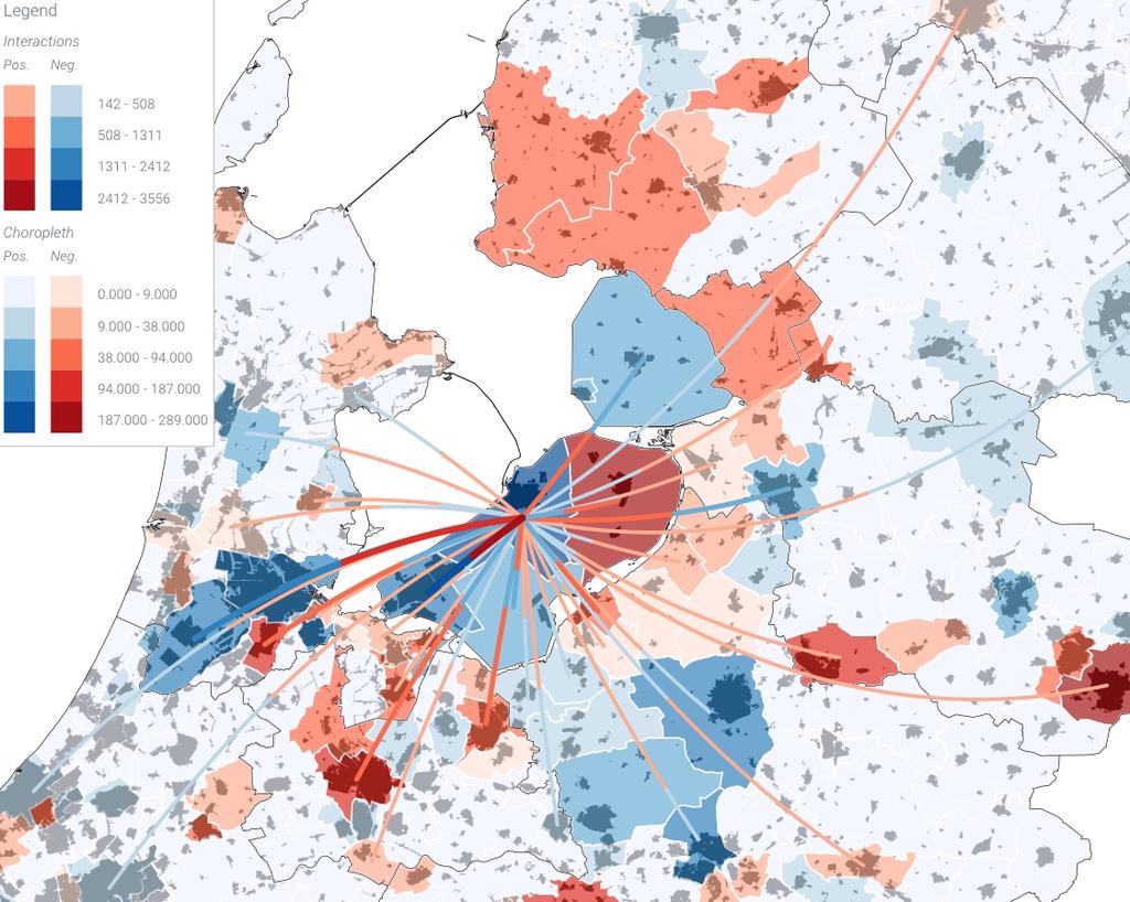 Bovenstaande kaart toont een per saldo inkomende pendel naar Lelystad; de stad is een economisch centrum. Opvallend is de ruimtelijke uitgestrektheid van het pendelnetwerk.