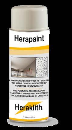 6 Heraklith PRODUCTAANBOD HERAPAINT BESCHRIJVING Verf in spuitbus voor het bijwerken van de houtwoldeklaag. Al onze panelen worden met zorg geproduceerd.