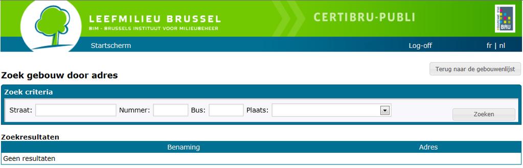 2. EEN GEBOUW TOEVOEGEN Figuur 21: Scherm Zoek gebouw door adres De beheerder moet het adres van het gebouw zoeken in de databank CertiBru-Publi die is gebaseerd op de gewestelijke databank UrbIS,